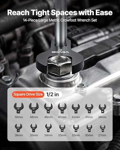 Image of VEVOR Crowfoot Wrench Set, 1 /2 inch Drive, 14-Piece Metric 27 to 50 mm Crows Foot Wrenches, with Storage Tray, Dual Size Markings on Tools and Tray, for Auto Maintenance or Repairs