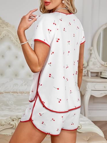 Image of Hilinker Women Striped Pajama Set Short Sleeve Top with Shorts Sleepwear Pjs 2 Piece Lounge Sets