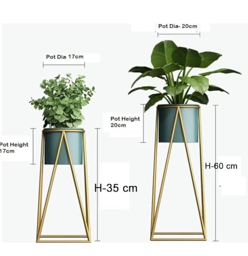 Image of Brass Industry Iron Metal Indoor Out Door Bedroom Home Office Planter Pot Tall Stand with Planter for Living Room, Balcony Flower Pot Stand Set of 2 (Green)
