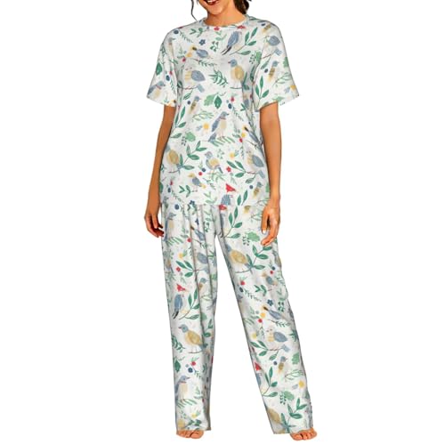 Pyjama imprimé oiseau et fleur ensemble de nuit fluide premium S à 3XL