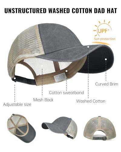 Image of Croogo Men's Adjustable Mesh Back Cap Curved Bill Snapback Mesh Baseball Cap Retro Washed Trucker Cap Breathable Sun Hat