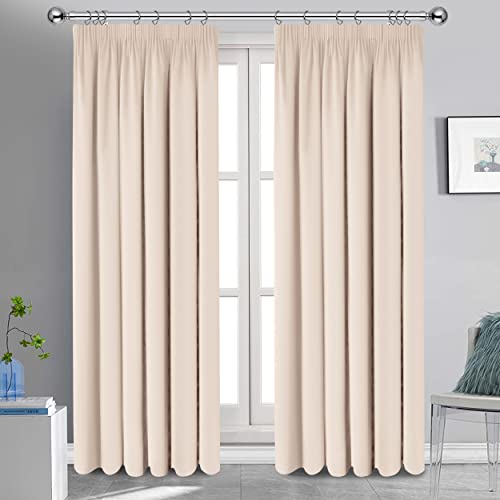 Oxford Homeware Blackout Curtains Bedroom Pencil Pleat Readymade Living Room Window Curtain Tape Top Thermal Insulated Kitchen Curtains+ 2 Tiebacks (Cream, 90 x 72 (228cm x 183cm))