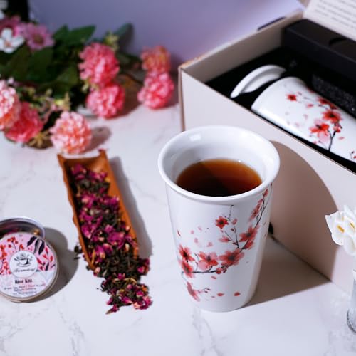 Image of Tea Gift Set for Women - 6 Herbal Loose Leaf Tea Blends, Insulated Ceramic Cup with Infuser & Lid | Birthday, Mother's Day, Anniversary & Retirement Gift for Her