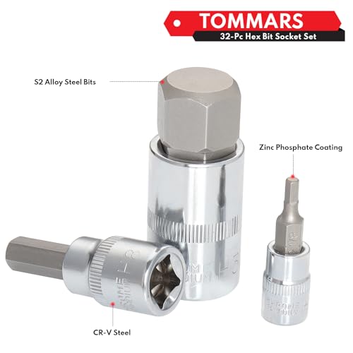Image of TOMMARS 32-PC Master Allen Hex Bit Socket Set, SAE & Metric | 1 /4 inch, 3 /8 inch, 1 /2 inch Drive, 5 /64 - 3 /4 & H2 - H19, S2 Steel