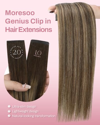Image of Moresoo Clip in Human Hair Extensions, Balayage Brown, Seamless Genius Weft | Clip in hair extensions remy hair, balayage medium brown to warm caramel, 16inch 120g 7pcs, for social, for natural styling