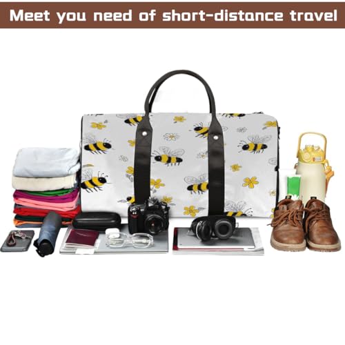 Cartoon Cute Bee Flowers Travel Duffel Bag Sports Tote Gym Bag Waterproof Tear-Resistant Carry On Overnight Bag Foldable Weekender Bag for Gym Travel Getaway Beach Sports4
