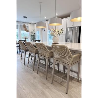 PURPLE LEAF Outdoor 24" Counter Height Bar Stools Chair Set of 2, All Weather Rattan and Aluminum Patio Bar Stool with Cushion for Indoor and Outdoor, Kitchen Island, Champagne