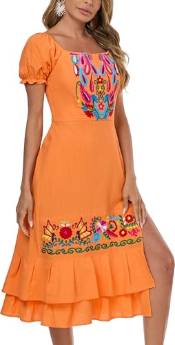 Image of YZXDORWJ Mexican Dress for Women Boho Embroidered Sexy Ruffle Maxi Dress Short Sleeve Summer Beach Wedding Party Dress