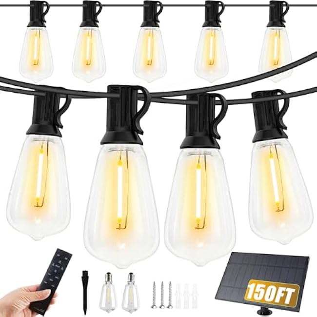 VUAA 150FT Solar Outdoor String Lights Waterproof, Solar Powered Patio Lights with 52 Shatterproof ST38 Edison Bulbs & Remote Control,LED Dimmable Solar String Lights for Outside