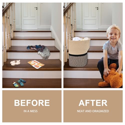 Image of Woven Stair Basket, Stair Baskets for Wooden Stairs, Carpeted Stairs Storage Basket with Handles, Staircase Baskets for Toys, Books, Black, 15 inch L x 10 inch W x 15 inch H