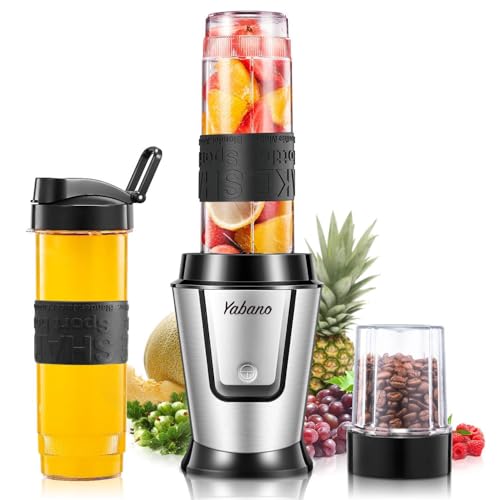 Yabano Personal Blender, 500W Electric Shake Bottle with 2 x 600 ml Travel Bottle and Coffee/Spices Jar, Portable Shaker Cups for Protein Shakes, Single Serve Blender for Shakes and Smoothies, Sports