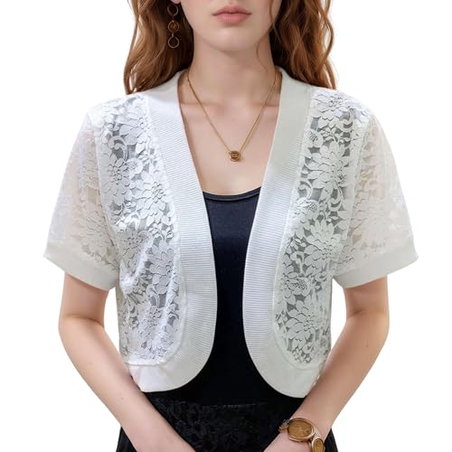 FindThy Women’s Cropped Bolero Shrugs Short Sleeve Open Front Floral Lace Hollow Out Cardigan Jacket