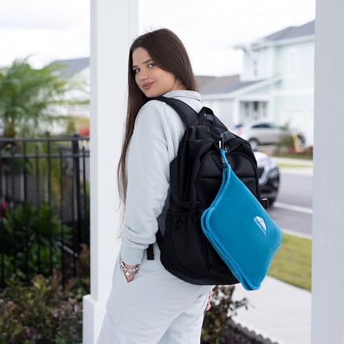 Image of BlueHills Premium Soft Travel Blanket Pillow Airplane Blanket in Soft Bag case with Hand Luggage Belt and Carabiner Compact Pack Large Cozy Blanket for Plane Car Train Teal Blue T022