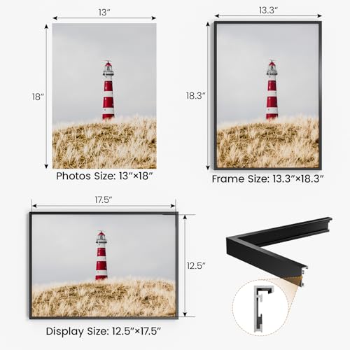 Image of 13x18 Aluminum Metal Picture Frame,Tempered Glass Black Photo Frame 13x18 for Family Photo,Posters,Art,Document to Wall Mount Horizontally or Vertically