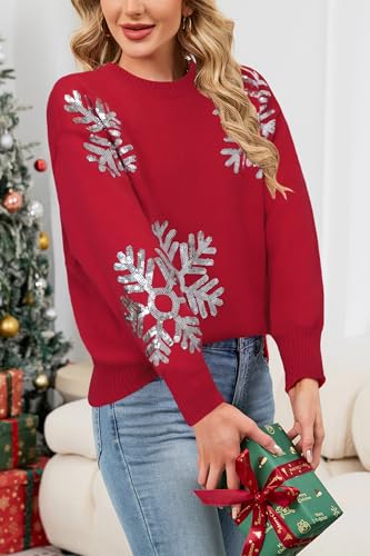 Image of Cakulo Womens Funny Ugly Christmas Sweater Oversized Chunky Batwing Long Sleeve Crewneck Pullover Sweaters 2025 Red Snowflake M