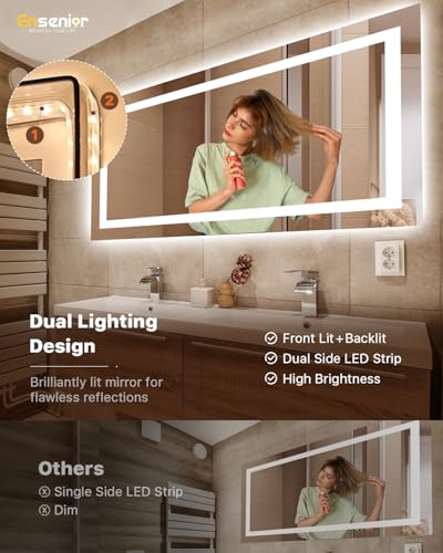 Ensenior LED Bathroom Mirror 72"x36" with Front and Backlight, Stepless Dimmable Wall Mirrors with Anti-Fog, Shatter-Proof, Memory, 3 Colors, Modern LED Vanity Mirror-ETL & FCC