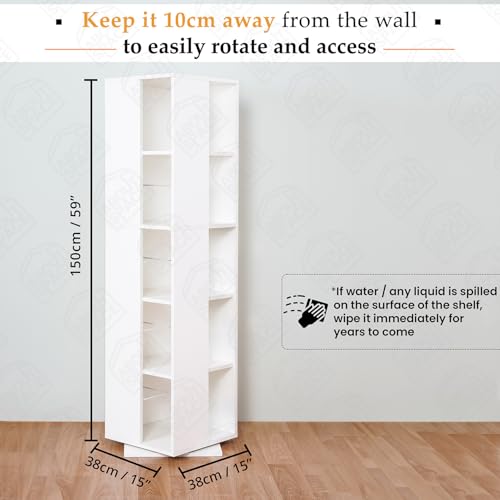 Image of ABOUT SPACE Rotating Book Shelf for Home Library - 5 Tier 360 Book Rack | DIY Wooden Book Stand with Partition & Bottom Turnplate for Office, Livingroom, Bedroom (White - L 38 x B 38 x H 150 cm)