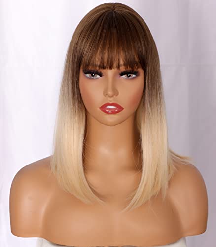 SYMEIW Shoulder Length Bob Wigs Ombre Blonde Straight Bob Wig Full Bangs Middle Part wigs Heat Resistant Fiber Synthetic Cosplay Party Wigs for Women 14 inches (Ombre blonde)