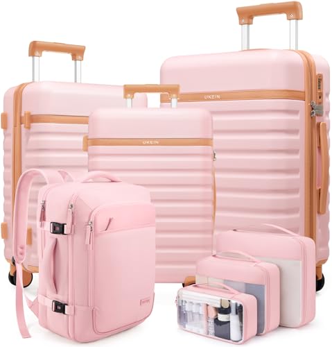 UKEIN PRO Luggage Sets 7 Piece Durable Hardside ABS Carry on Luggage with Spinner Wheels & YKK Zipper TSA Lock Large Checked Travel Suitcase With Backpack Set for Men and Women 20/24/28 Inch