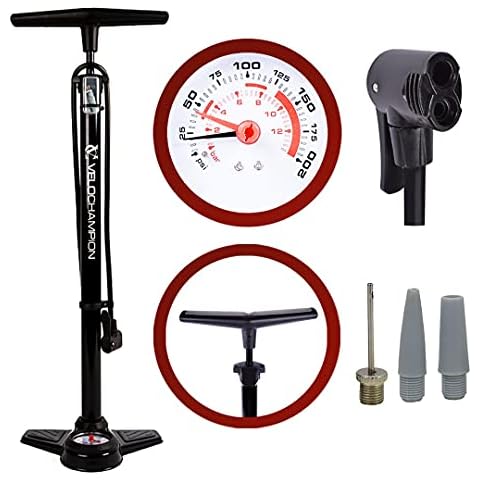 VeloChampion Premium Bike Track / Floor Pump - Dual Head - High Pressure Gauge200 PSI Max Inflation. Suitable for Presta (SV) Schrader (AV) (Black)… Cover