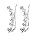 Grewod Pendientes Mujer Trepadores con Moissanita Cuadrada, Oro Blanco 18K, Joyas Aretes Trepadores con Piedra
