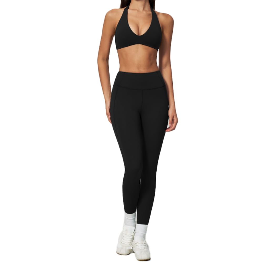 2 pezzi reggiseno e leggings yoga per palestra fitness | Reggiseno sportivo allacciato al collo scollo V profondo con effetto push-up, leggings a vita alta sollevaglutei, tessuto