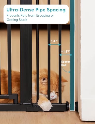 No Pawblems Upgraded 55" Extra Tall Pet Gate for Cat, 29-43" Auto Close Cat Gate for Doorways/Stairs/Hallways, NO Drilling Pressure Mounted Tall Dog Gate Indoor, 1.37" Pet-Safe Gap, Black