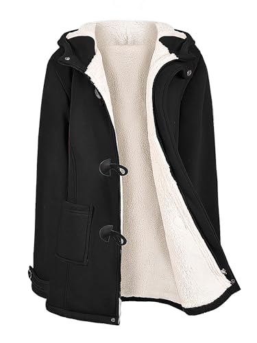 Vancavoo Wintermantel Damen Warm Winterjacke Elegant Plüsch Jacken Mantel Winter Fleece Hoodie Coat Kapuzenjacke,Schwarz,L