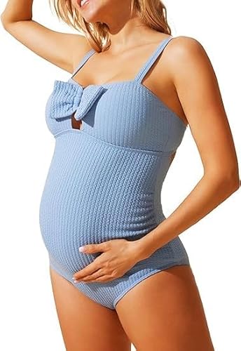 Maacie Umstandsbadeanzug Einteiliger Badeanzug Strapsdesign Mit Schleife Schleife vorne Hellblau L