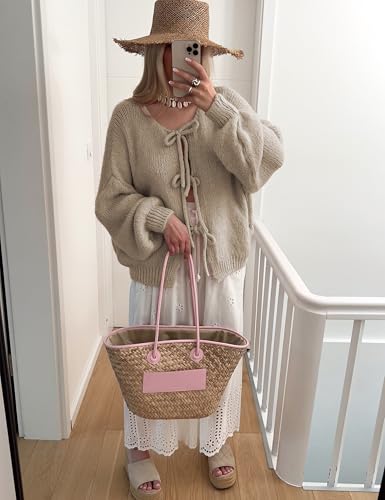 SKIKYAN Women Bowtie Oversized Knit Sweater Cardigan Y2K Long Sleeve V Neck Open Front Casual Knitwears2