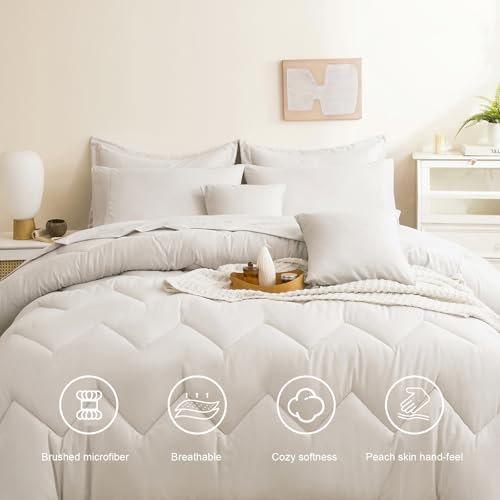 Image of Full Comforter Set Beige Bed in a Bag 9-Pieces,Water Wave Quilting Design Comforter Set with Comforter,Flat Sheet, Fitted Sheet,Cushion Covers,Pillowcases & Shams(Beige, Full)