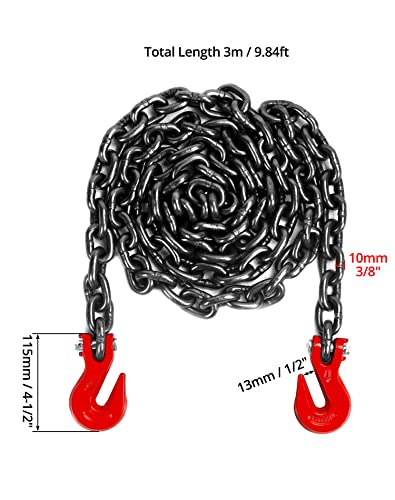 Qwork G80 Transport Binder Chain, 3/8 Inch X 10 Ft Safety Chain With Clevis Grab Hooks, Heavy Duty Safety Trailer Logging Chain, Towing Tie Down Binding, 7,100 Lb Working Load #TOP5