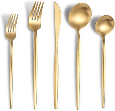 Lemeya Matte Gold Silverware Set,Modern Stainless Steel Flatware Set,20 Pieces Cutlery Set Service for 4,Tableware Utensil Set for Home and Restaurant, Satin Finish, Dishwasher Safe