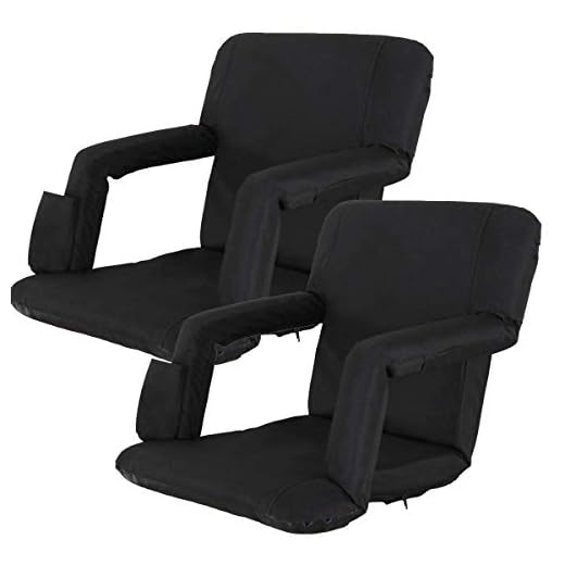 PRODUIT ROYAL 2PCS Stadium Seat Bleacher Chair Cushion Black | Durable Sturdy Heavy Duty Ergonomic Backrest Armrest Cup Holder 5 Reclining Positions Portable Foldable | for Beach Park Patio Picnic