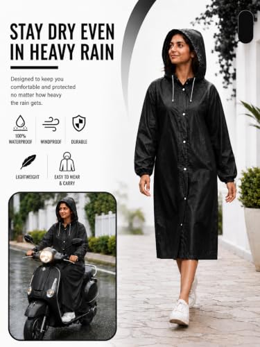 Image of Hooded Waterproof Men's & Women's Raincoat, Lightweight Long Rain Jacket, Button Front, Windproof Outdoor Rainwear | Free Size |