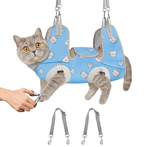 Image of Supet Cat Grooming Hammock Harness for Nail Trimming, Cat Grooming Hanging Sling for Nail Clipping, Pet Restraint Holder for Cutting Nails, Medicine, Ear & Teeth Cleaning, Eye Care (BlueCat L)