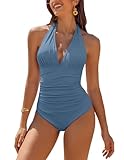 AI'MAGE Traje de baño de una pieza para mujer, con control de abdomen, cuello halter, fruncido, Azul oscuro, Large