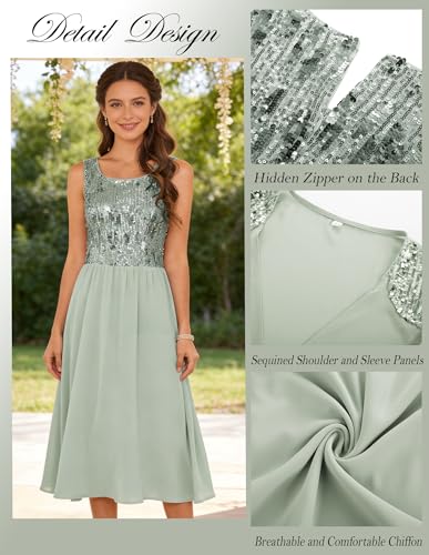 Image of GRACE KARIN Formal Wedding Guest Dress Sequin Mother of The Bride Dresses | Two Piece,3 /4 Sleeve,Tea Length,Crew Neck,Fit and Flare,Chiffon,Suitable for Spring /Summer /Fall /Winter /Cocktail /Party /Prom
