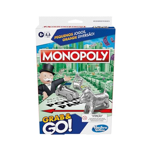Hasbro Gaming Monopoly Grab and Go, jogo de tabuleiro portátil em plástico com peças de casas e dinheiro, brinquedo para crianças acima de 8 anos, presente