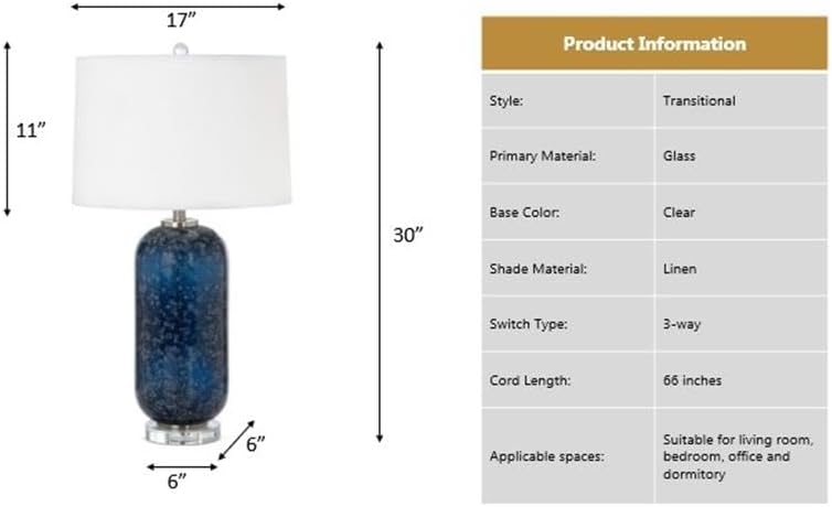 Pemberly Row 30-Inch Blue Glass Table Lamps, Set of 2, Crystal Base, Linen Hardback Shade, 3-Way Switch, Contemporary Design for Living Room, Bedroom, or Office Lighting