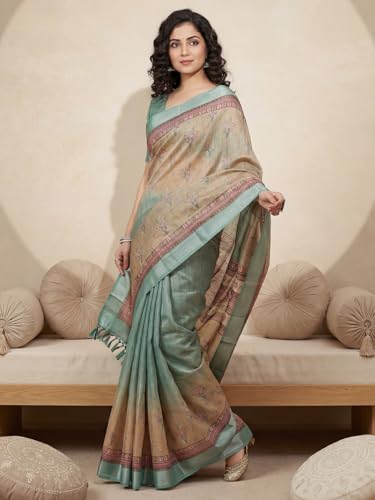 Image of AKHILAM Women's Floral Printed Handloom Cotton Silk Saree with Zari Border and Tassel Pallu Unstitched Blouse Piece | Traditional Ethnic Wear Sarees | Women saree silk | Festive Sari Women's