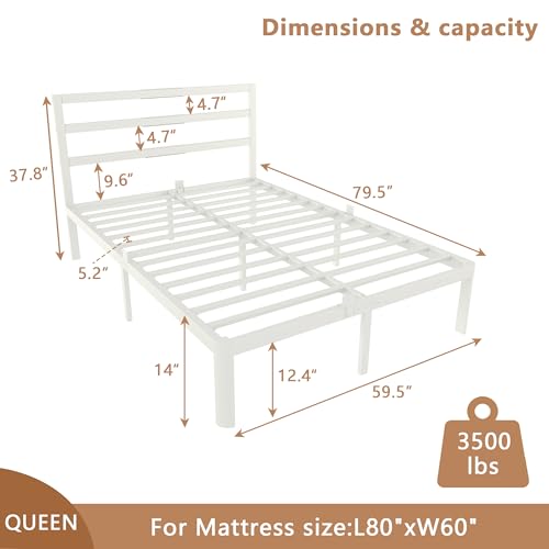 Image of 14 Inch Queen Bed Frames, Metal Bed Frame with Head Board, No Box Spring Needed, Heavy Duty Steel, Anti-Slip Mattress Stoppers, Noise Free, Round Corner Legs, Easy Assembly, White