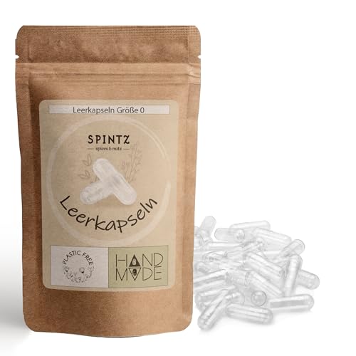 SPINTZ Vegane HPMC Leerkapseln Größe 0 (250 Stk.) | Unabhängig Labor getestet | Plastikfrei & Nachhaltig Verpackt | 100% pflanzliche Zellulose, Non-GMO, allergenfrei, transparent