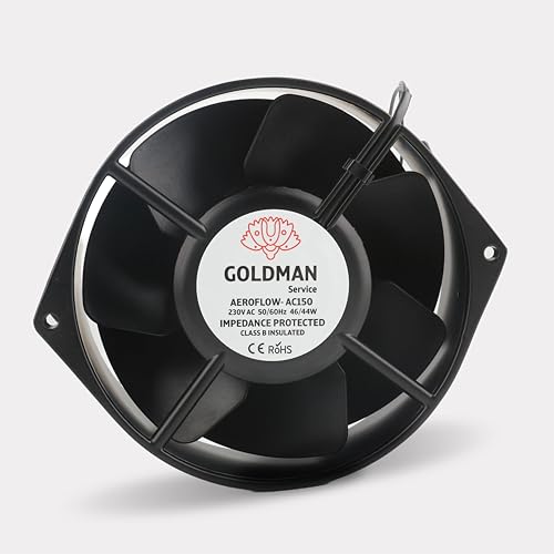 GOLDMAN SERVICE | Ventilatore assiale per ventilazione e raffreddamento, alto flusso d'aria, silenzioso, pale in metallo, cuscinetti a sfera, corpo in alluminio | Dimensioni: 150 X 162 X 55 mm