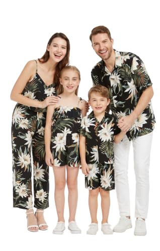 Image of Family Matching Hawaiian Clothes, Wispy Cereus Black | Lightweight 100% rayon • Family matching outfits • Tropical floral print • Beach vacations • Luaus • Cruises • Family photos