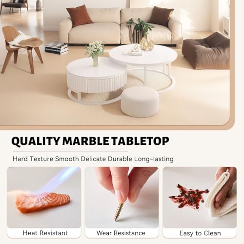 GonTzolkin Runder Couchtisch Weiß 2er Set Moderne Wohnzimmertisch Rund Marmor Couchtisch Mit Stauraum Holz Beistelltisch Weiss Metallrahmen Satztische Fürs Wohnzimmer Schlafzimmer Büro – Bild 6