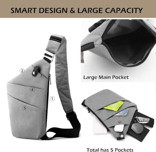 Image of Anti Theft Crossbody Bags for Women Men, Multi-Pocket Shoulder Bag, Slim Sling Bags with 2 RFID Blocking Card (Left Shoulder-Light Gray)