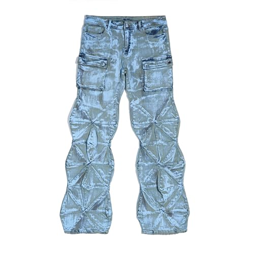 Men's Loose Stacked Denim Pants with Mid-Crotch Tie-dye Design, Casual with Multiple Pockets, Men's Denim Pants