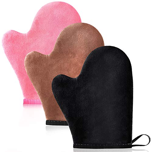 3 Pieces Self Tanning Mitt Self Double Sided Self Tanning Gloves Sunless Tanning Mittens Mini Finger Face Gloves for Self Tanner Sunless Tanning Mitt (Pink, Brown, Black)
