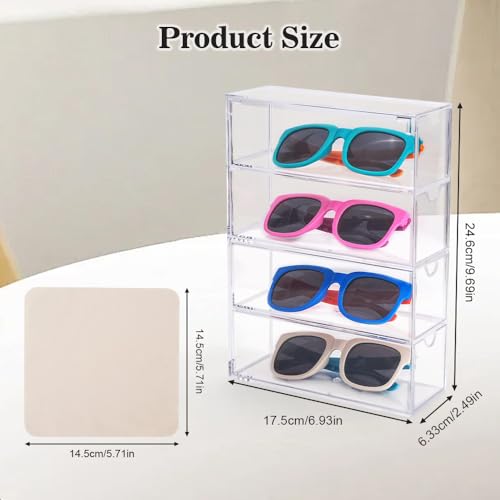 Image of 2PC Acrylic Sunglass Organizer with 2PC Glasses Cleaning Cloth, Clear Glasses Holder, Eyeglass Eyewear Display Case 4 Drawer Tray for Women Men Glasses Jewelry Watch Make-up Storage